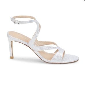 NWB Stuart Weitzman Silver Mariposa Glitter Leather Sandal Heels